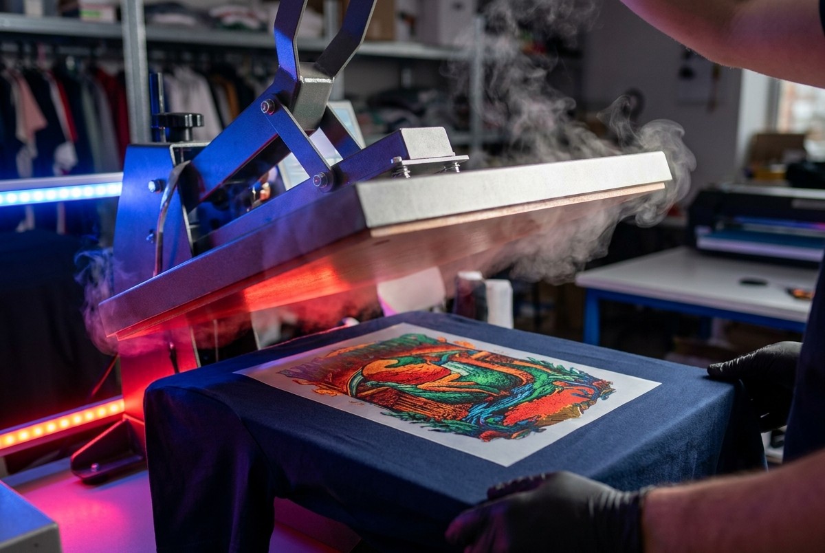 A full-colour design being heat-pressed onto a jersey on the DTF-24H2